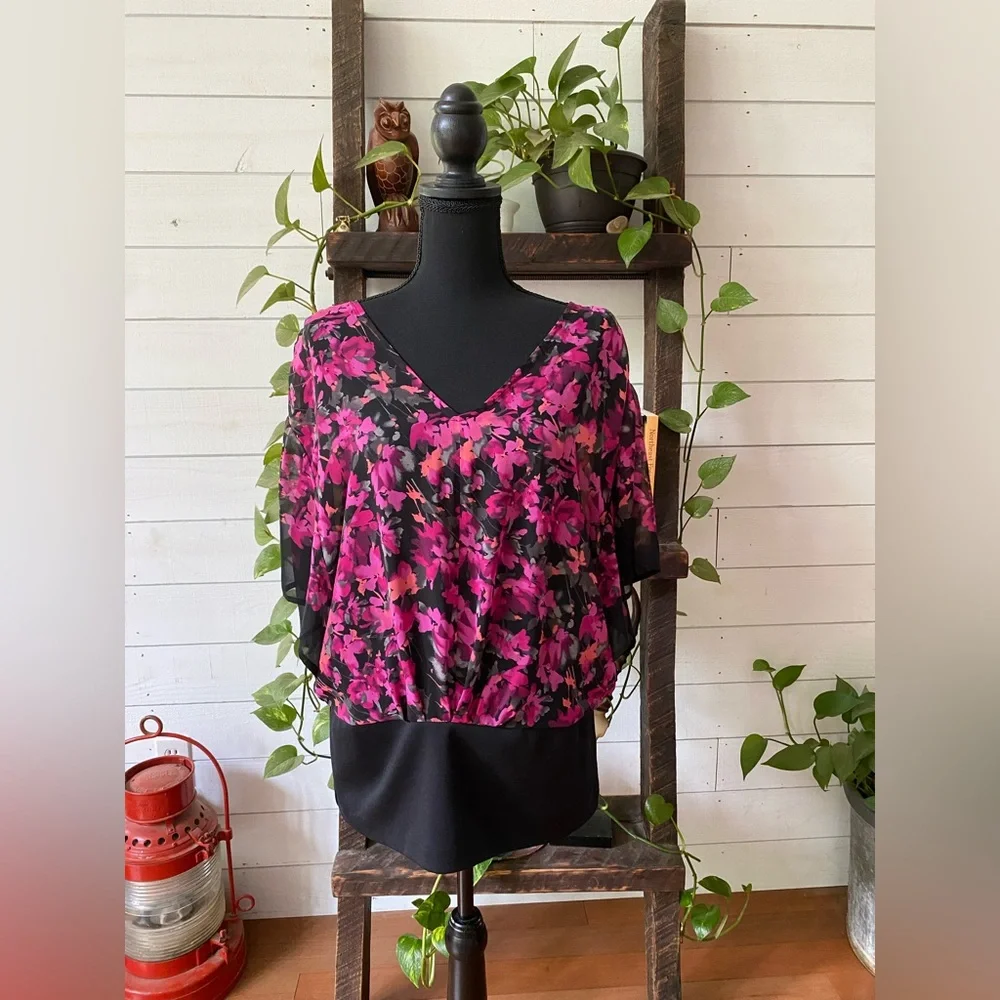 Elle: Pink and Black Floral Blouse with Cami